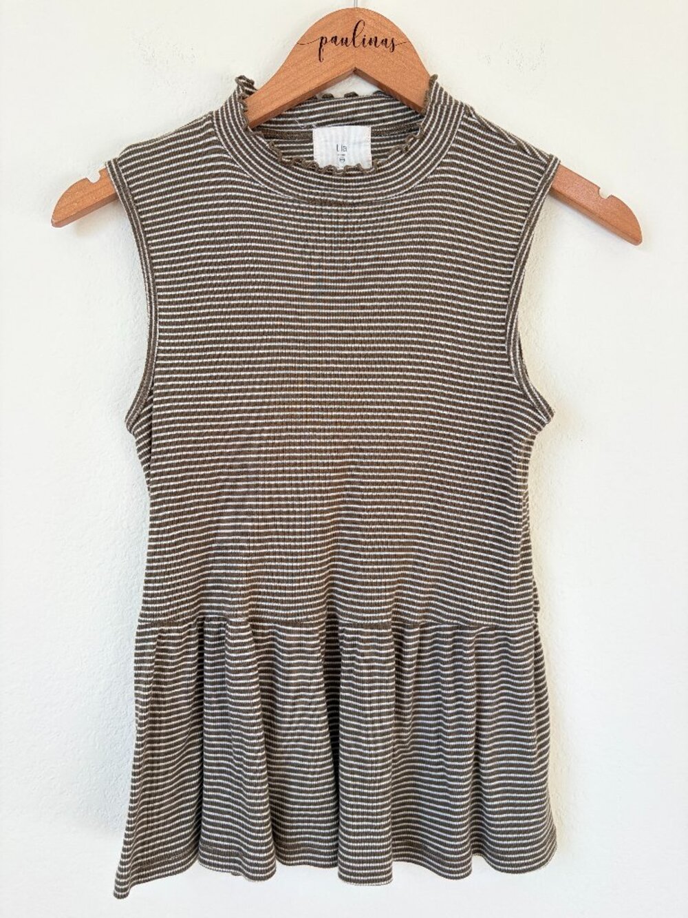 T.La Top Womens Petite XXS Olive Green Striped Ruffle Sleeveless Peplum Shirt